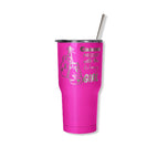 Pink 30oz tumbler with metal straw showing Cancer Messed With the Wrong Girl boxing gloves engraving