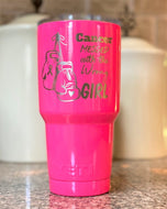 Hot pink 30oz YETI tumbler engraved with Cancer Messed With the Wrong Girl and boxing gloves design