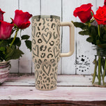 Side view of the 40oz Valentine tumbler showing engraved leopard print and hearts full wrap