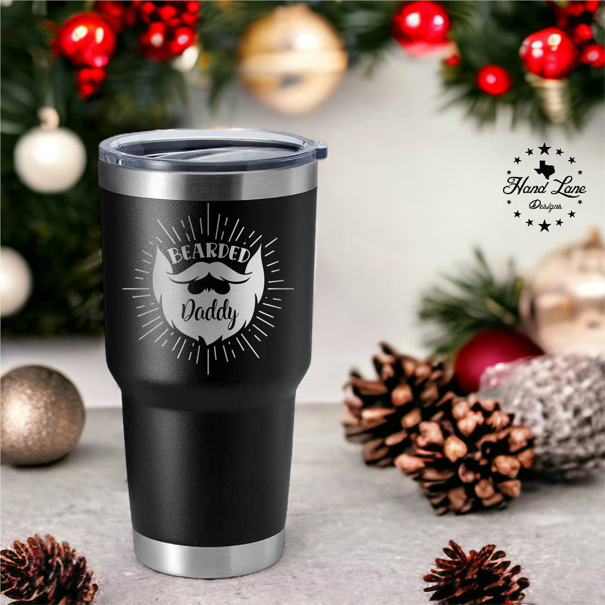 Bearded Daddy engraved 30oz black insulated tumbler with beard and mustache design, holiday scene