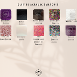 Glitter acrylic swatch chart for Stanley cup toppers including confetti, rose gold and holographic
