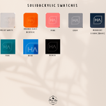 Solid acrylic color swatch chart for Stanley name plates: white, pink, gray, navy, teal, blue, black