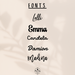 Font options chart for custom Stanley name plates: Lolli, Emma, Candela, Damion and Madina scripts