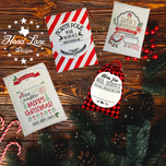Four XL Santa sack designs including candy cane stripe, buffalo plaid and Santa's Workshop laid out with Christmas greenery