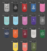 Grid of 12oz custom water bottles in 18 colors with personalized laser engraved designs