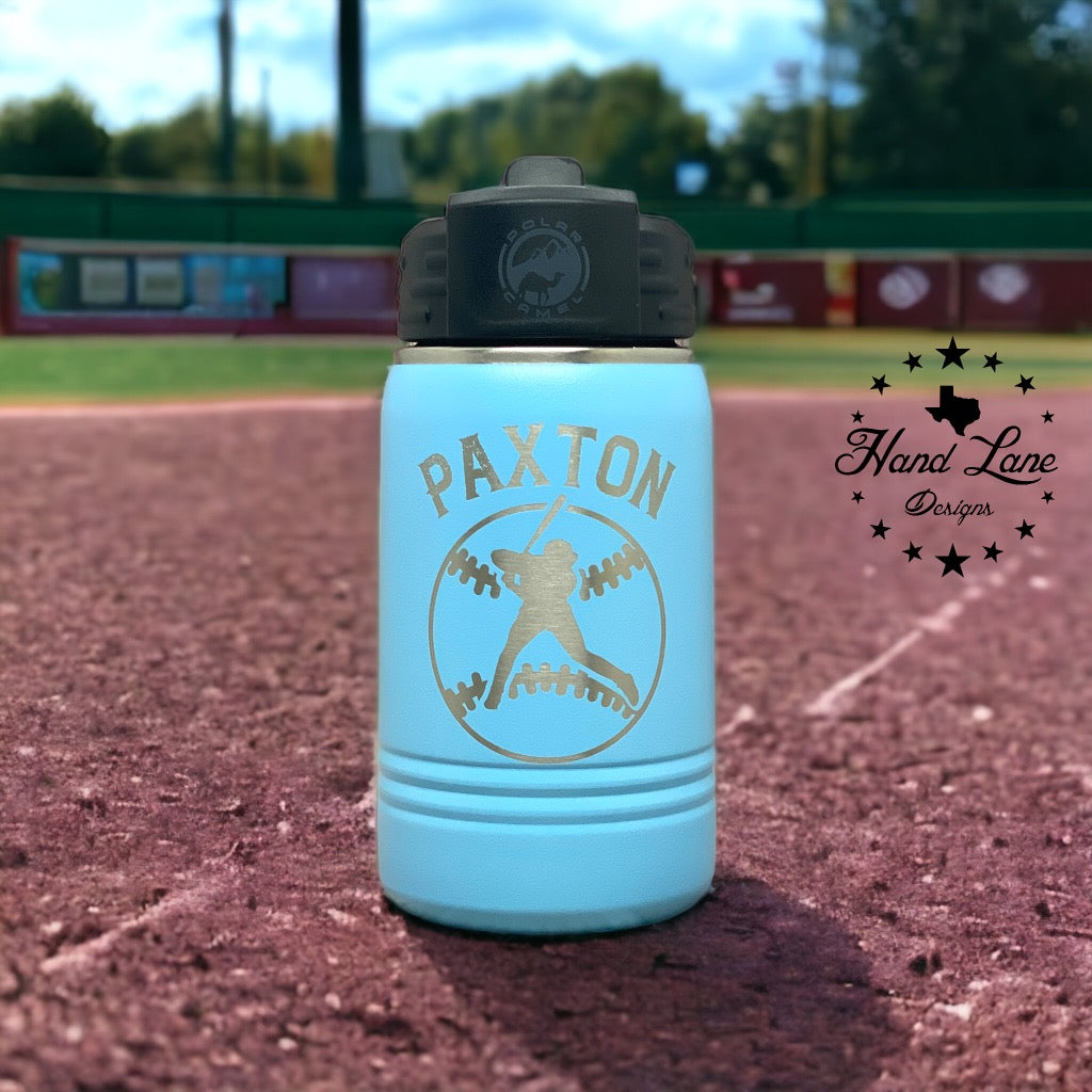 Light blue 12oz kids water bottle laser engraved with baseball player design and name Paxton