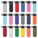 Color chart of 18 stainless steel 20 oz water bottles with flip straw lids for custom engraving