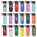 18 colors of 20 oz engraved water bottles showing sample laser engraved logos and names