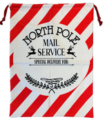 Red and white candy cane stripe XL Santa sack with North Pole Mail Service reindeer design and drawstring closure