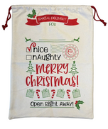Cream XL Santa sack with Special Delivery nice or naughty checklist and Open Right Away Merry Christmas design, front view