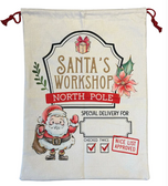Cream XL Santa sack with Santa's Workshop North Pole design, vintage Santa illustration and Nice List Approved stamp