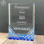 Mirage blue acrylic award laser engraved Pharmacy of the Year for Sam's Club, on desk display