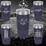 Navy 20oz Polar Camel tumblers with engraved Astros Twoston, Level Up and World Series Champions 2022 designs