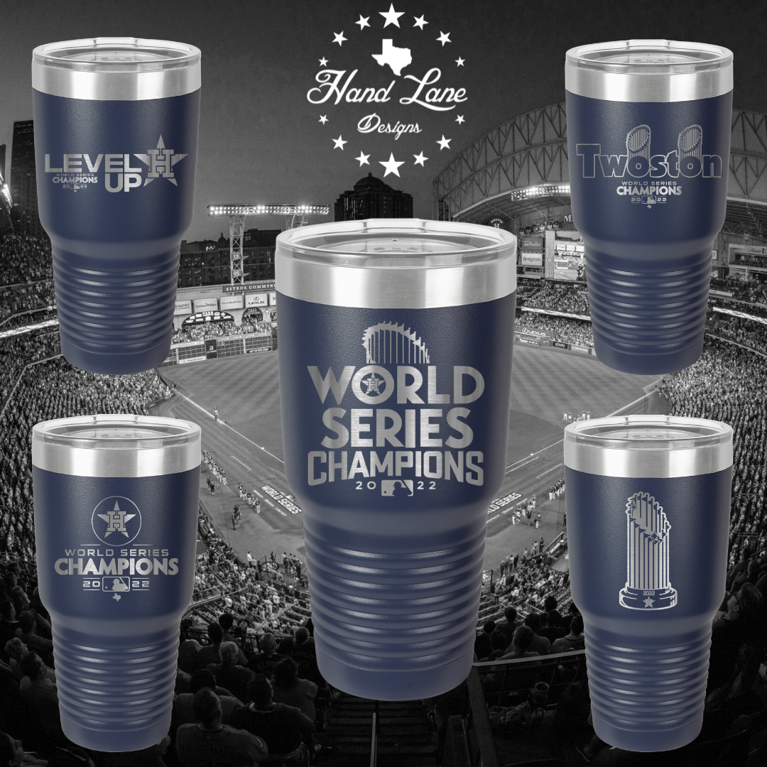 Navy blue Astros World Series Champions 2022 engraved 30oz Polar Camel tumblers in five designs, stadium backdrop
