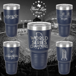 Navy blue Astros World Series Champions 2022 engraved 30oz Polar Camel tumblers in five designs, stadium backdrop