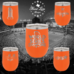 Orange stemless wine tumblers showing all five Astros World Series Champions 2022 engraving designs