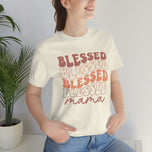 Close-up of the natural Blessed Mama tee worn by a model, Mother's Day gift shirt