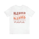 Blessed Mama t-shirt in white with retro stacked Blessed lettering in blush and rust tones