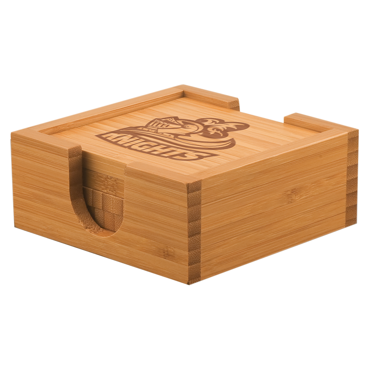 Square bamboo drink coaster set in wooden holder with laser engraved Knights mascot logo