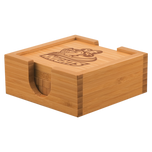 Square bamboo drink coaster set in wooden holder with laser engraved Knights mascot logo