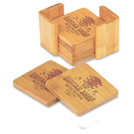 Bamboo square 6-coaster set with holder, laser engraved guitar shop logo on each drink coaster