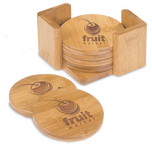 Round bamboo 6-coaster set with holder, engraved fruit market cherry logo on wood drink coasters