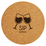 Round cork drink coaster laser engraved with Sip Happens wine glasses design