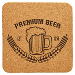 Square cork drink coaster laser engraved with Premium Beer mug and wheat design