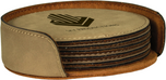 Light brown leatherette round 6-coaster set in holder with custom laser engraved company logo