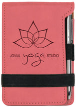 Pink leatherette mini notepad with pen, laser engraved lotus flower yoga studio logo