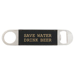 Black leatherette stainless bottle opener engraved Save Water Drink Beer in gold lettering