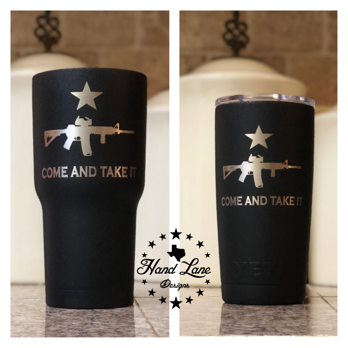 Black powder coated 30oz and 20oz YETI tumblers engraved with Come and Take It AR-15 rifle and star design