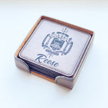 Leatherette 6-coaster set in matching holder engraved with US Naval Academy crest and name Reese, angled view