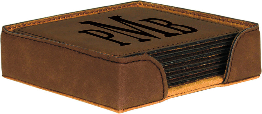 Custom 4" x 4" Dark Brown Square Leatherette 6-Coaster Set