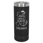 Black 22oz skinny tumbler engraved with Enjoy Every Moment beach wave design and Cove Beach text