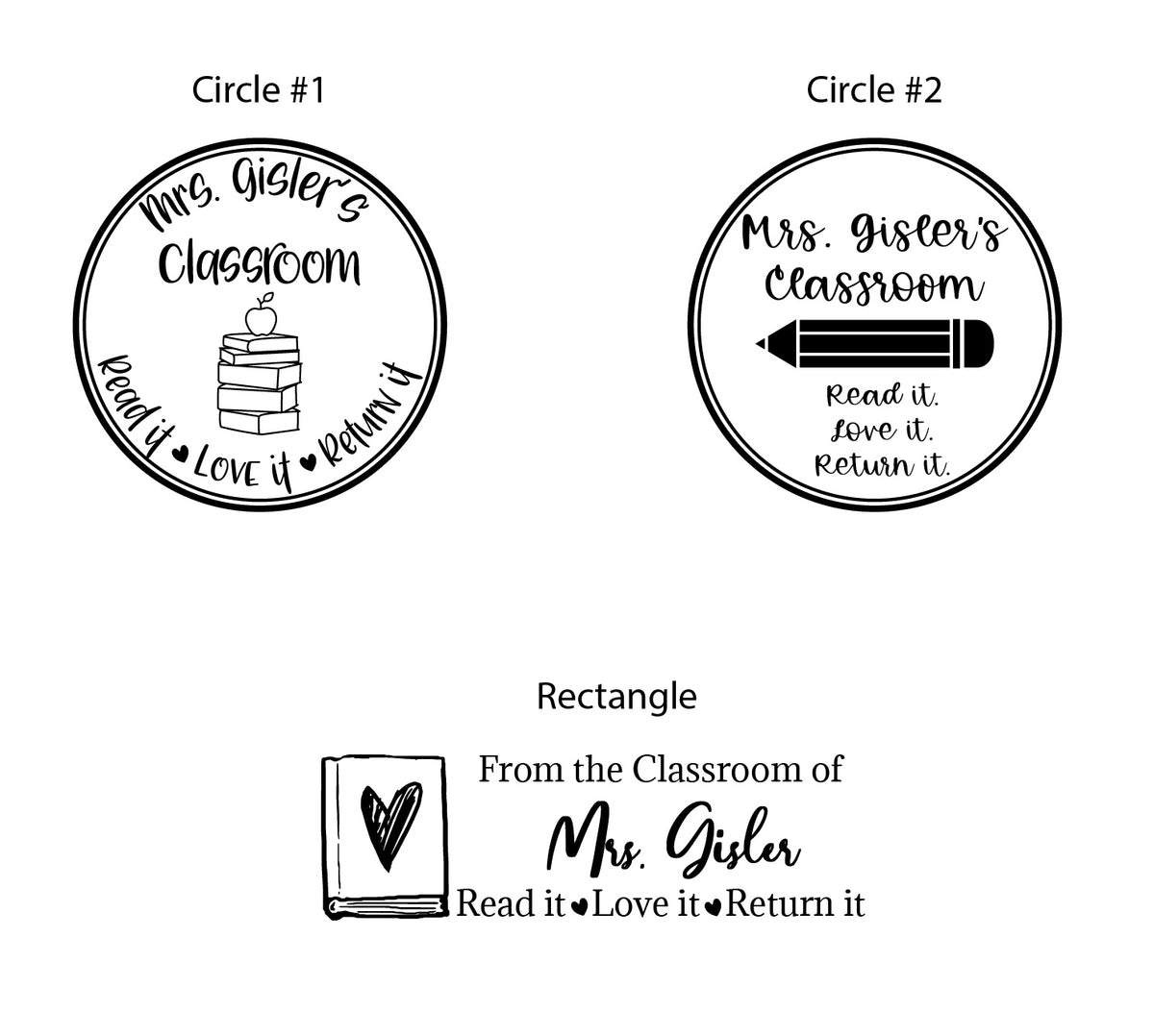 Design proof of circle and rectangle teacher stamp layouts reading Mrs. Gisler's Classroom