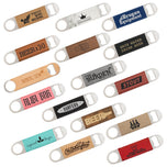 Assorted custom leatherette bottle openers in 15 colors with laser engraved logos and sayings