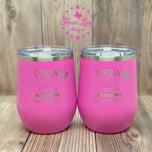Two pink Polar Camel stemless wine tumblers laser engraved with Crew San Antonio design, lids on