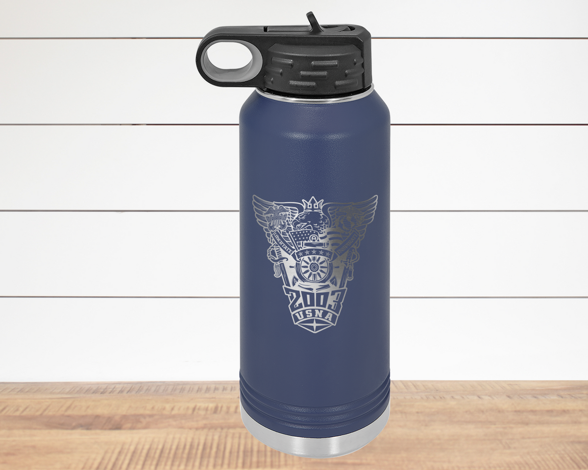 Navy blue 36oz stainless steel water bottle laser engraved with USNA Class of 2003 crest