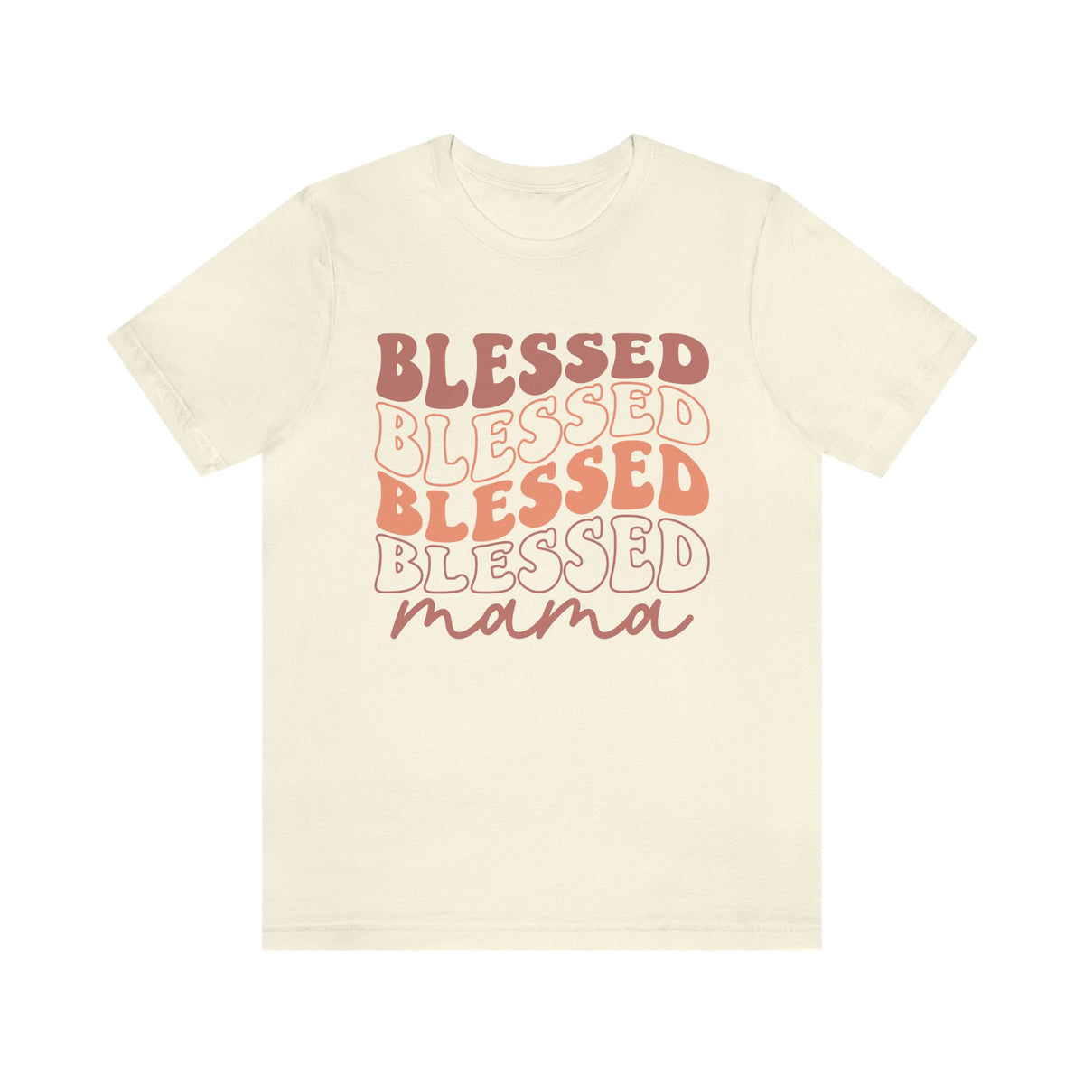 Blessed Mama t-shirt in natural cream with retro stacked Blessed lettering, front view