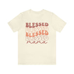Blessed Mama t-shirt in natural cream with retro stacked Blessed lettering, front view