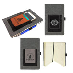 Gray journals with engravable leatherette card pockets, cell phone slot, pen loop, and lined pages