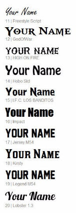 Personalization font options eleven through twenty for the Houston Astros tumbler shown with sample text