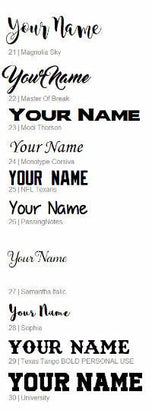 Font chart with engraving styles 21 through 30 for personalizing the Texas Longhorns tumbler