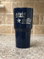Never Settle engraving with Houston Astros star logo on navy powder coated 30oz tumbler, back view