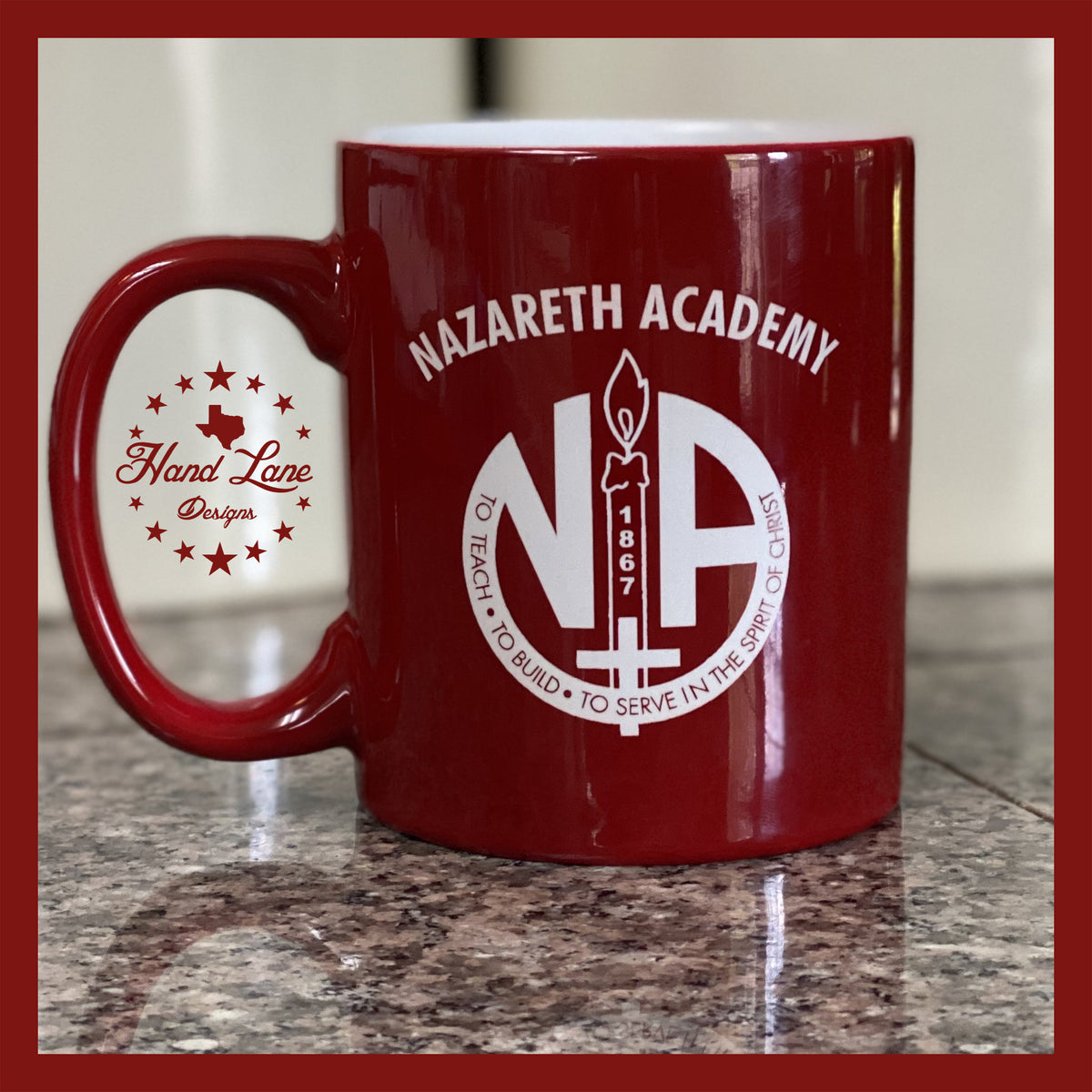 Red 11oz ceramic mug with white Nazareth Academy 1867 crest, custom school spirit coffee mug