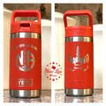 Coral red 12oz YETI kids bottle engraved with Nazareth Academy crest and personalized unicorn name design