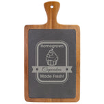 Slate and acacia handled serving board engraved with Homegrown Cupcakes bakery design