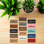a wooden table topped with potted plants next to each other