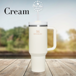 Cream 40oz Stanley Quencher Flowstate tumbler with handle and straw, engraving color option